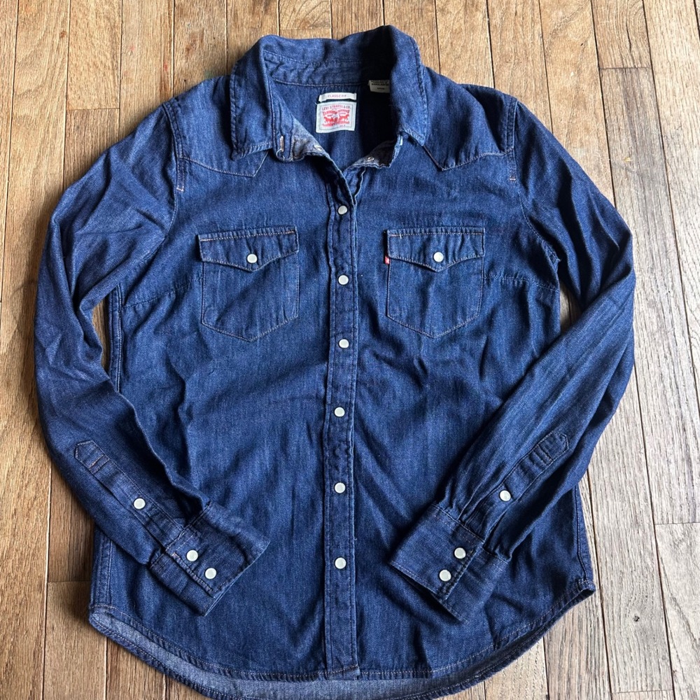 Levi Western Denim Shirt Womens Small Classic Fit Pearl Snap Button Blue Modern